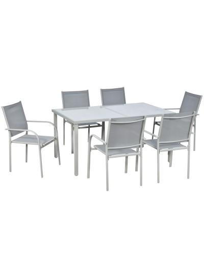 Tempered Glass Top Garden Table and 6 Mesh Chairs Set, Grey