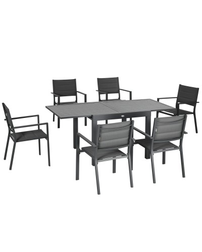  Set da Giardino con Tavolo Allungabile in Alluminio e 6 Sedie con Seduta Traspirante, Grigio
