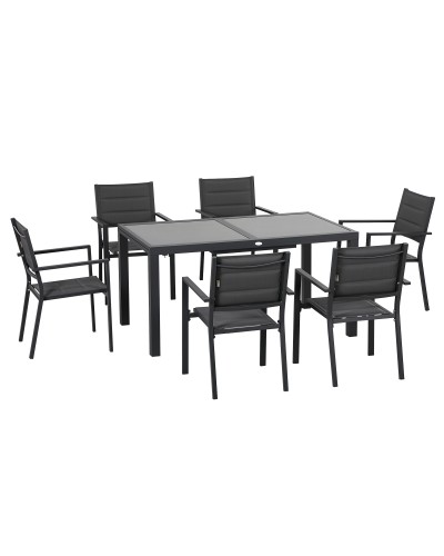  Set da Giardino con Tavolo Allungabile in Vetro e 6 Sedie con Seduta Traspirante, Grigio Scuro