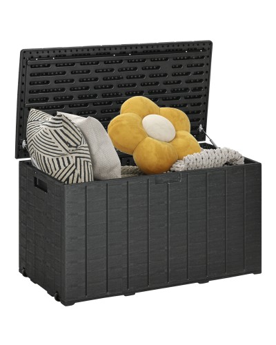  Baule da Giardino da 366L Effetto Legno in Plastica, 122.4x62x64.5 cm, Nero