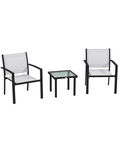 Garden Set with Glass Table and 2 Stackable Mesh Chairs, Light Grey