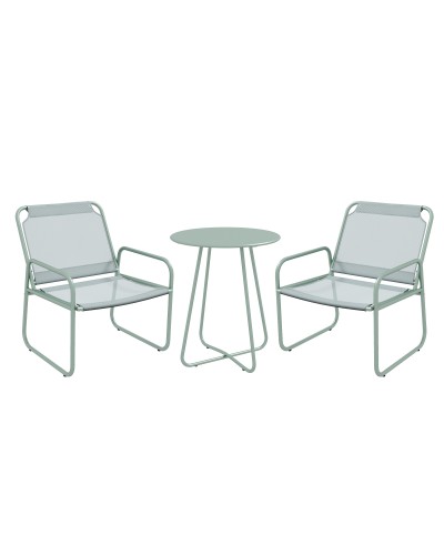 Round Table Garden Set with 2 Steel and Breathable Mesh Chairs, Green