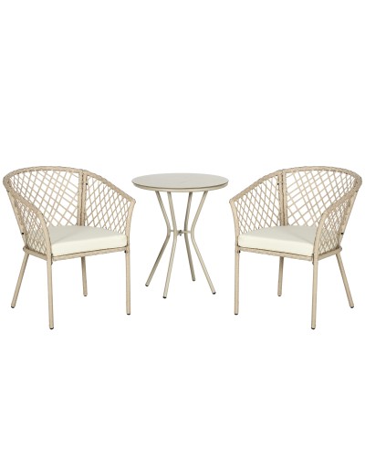  Set da Giardino in Rattan con 2 Poltroncine con Cuscini e Tavolino da Caffè in Vetro, Khaki
