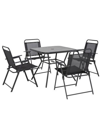 Set da Giardino con 4 Sedie Pieghevoli con Braccioli e Tavolo con Foro per Ombrellone, Nero