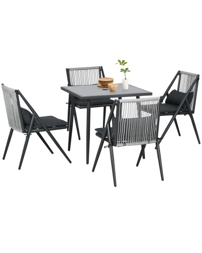 4 Seater Garden Dining Set with Cushioned Chairs and Square Glass Table, Dark Grey