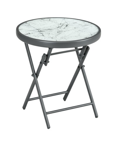  Tavolino da Caffè per Giardino Pieghevole con Piano in Vetro Effetto Marmo, Ø45x50cm, Grigio