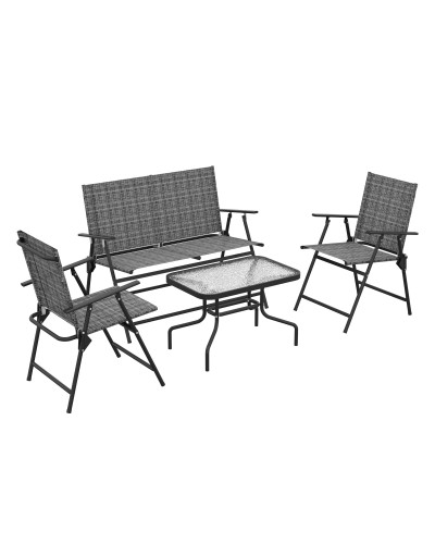 Grey Folding Garden Lounge Set with Glass Table, 2 Armchairs and Sofa