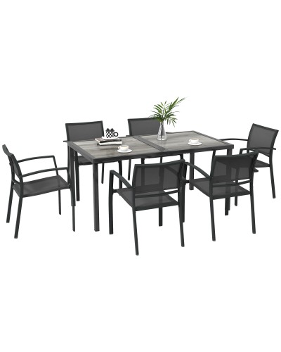  Set da Giardino con 6 Sedie Impilabili in Tessuto a Rete e Tavolo Effetto Legno, Grigio