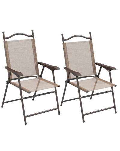Set of 2 Brown Folding Garden Chairs with Armrests and Breathable Fabric Seat