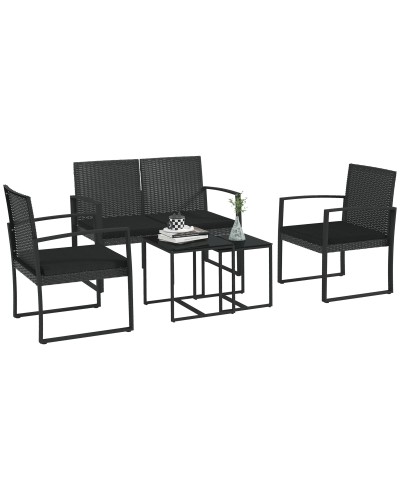 Garden Set with 2 Chairs, Loveseat, and 2 Tables with Cushions and Glass Top, Black