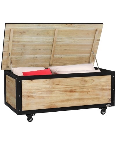 121L Storage Bench with 4 Wheels and Wood & Steel Handles, 100x50x43cm, Wood Color
