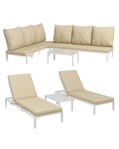  Set 2 Lettini Prendisole con Schienale Regolabile e Tavolino da Giardino in Vetro, Beige