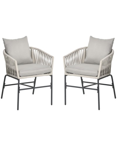  Set 2 Sedie da Giardino in Stile Boho con Rivestimento in Corda e Cuscini Imbottiti, Grigio