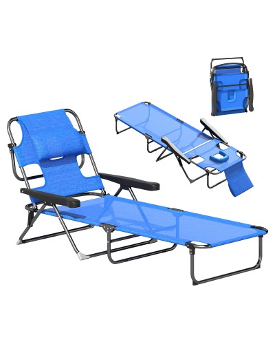  Sdraio da Giardino Pieghevole con Schienale Regolabile, Cuscino e Foro per Viso, Blu Scuro