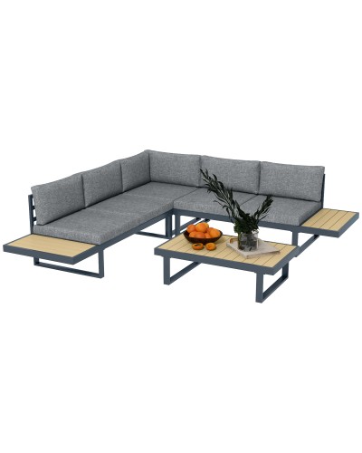  Set da Giardino 4 Pezzi in Alluminio con 2 Divanetti, Poltrona Angolare e Tavolino da Caffè, Grigio e Teak