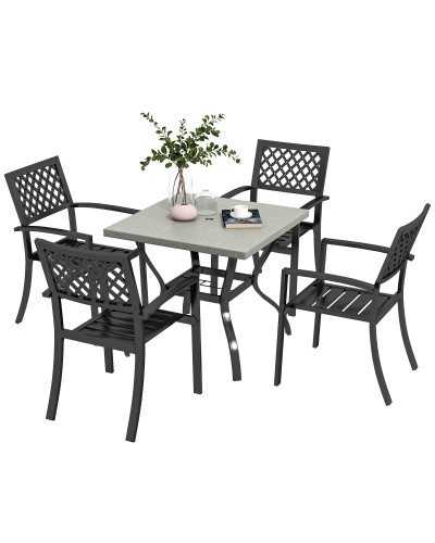 Garden Set with 4 Stackable Chairs and Square Marble Effect Table, Grey