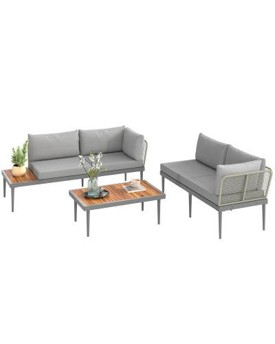 3-Piece Outdoor Set with 2 Loveseats and Coffee Table, Rattan and Grey Steel with Wood Color Accents