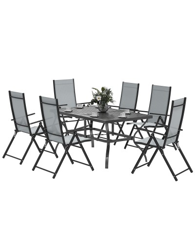 7 Piece Garden Dining Set with Umbrella Hole Table and 6 Folding Chairs, Grey