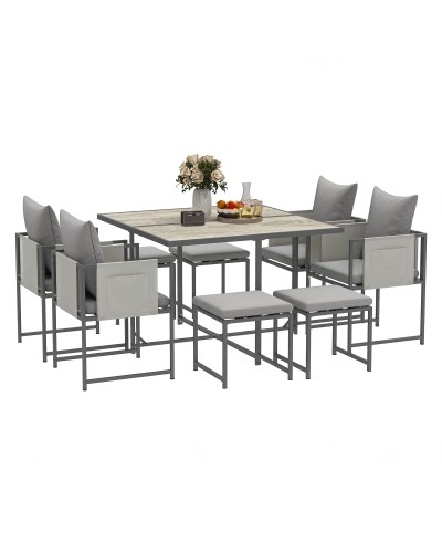 Garden Furniture Dining Set with Table, 4 Outdoor Chairs & 4 Footstools, Grey
