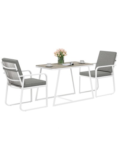 3 Piece Outdoor Set with 2 Armchairs, Cushions, and Glass Top Table, White