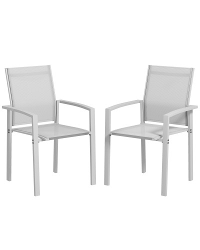  Set 2 Sedie da Giardino Impilabili con Seduta Traspirante, in Acciaio e Textilene, 56x58x89 cm, Grigio Chiaro