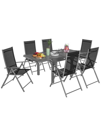 7 Piece Garden Set with 6 Folding Chairs and Extendable Table, Steel, Aluminum & Grey and Black Mesh