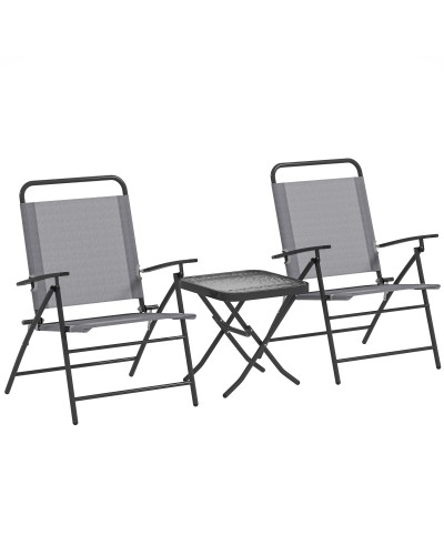  Set da Giardino con Tavolo con Piano in Vetro e 2 Sedie Pieghevoli con Schienale Regolabile, Grigio