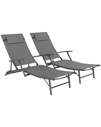 Folding Garden Sun Lounger Set of 2 with 4-Level Adjustable Backrest and Cushion, Grey