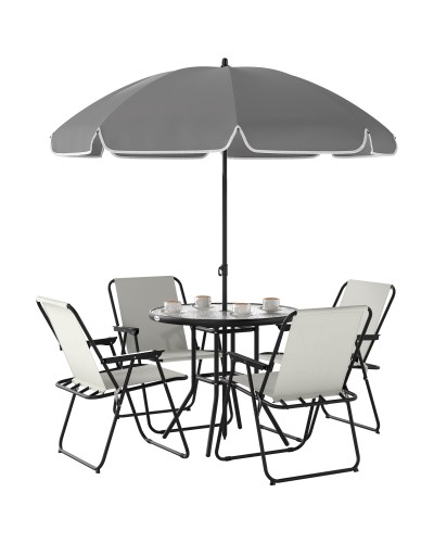  Set da Giardino 6 Pezzi in Acciaio con 4 Sedie Pieghevoli, Ombrellone e Tavolo Rotondo, Crema, Grigio e Nero