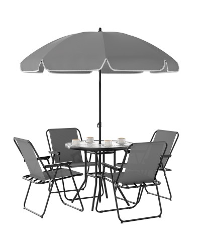  Set da Giardino 6 Pezzi in Acciaio con 4 Sedie Pieghevoli, Ombrellone e Tavolo Rotondo, Grigio e Nero