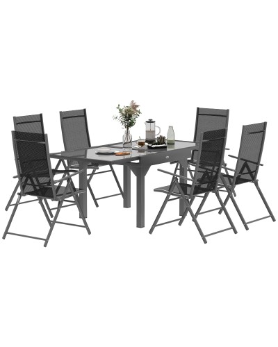 Extendable Glass Top Garden Table and 6 Folding Textilene Chairs Set, Steel Frame, Grey
