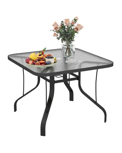 4-Seater Square Garden Table with Glass Top & Ø54mm Umbrella Hole, Black