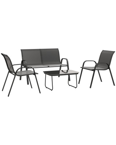  Set da Giardino con Divano 2 Posti, 2 Poltrone Impilabili e Tavolino in Vetro, Nero