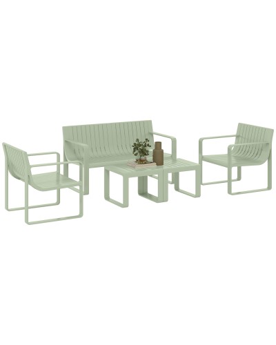 5-Piece Slatted Garden Set with Loveseat, 2 Armchairs and 2 Green Polypropylene Tables