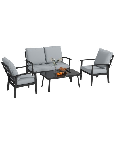 4-Piece Garden Set with 2 Armchairs, Loveseat, and Coffee Table, Aluminum and Wicker, Charcoal Gray