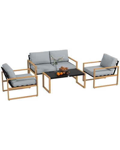 4-Piece Garden Set with 2 Armchairs, Loveseat, and Table, Aluminum and Fiber, Grey and Wood Color