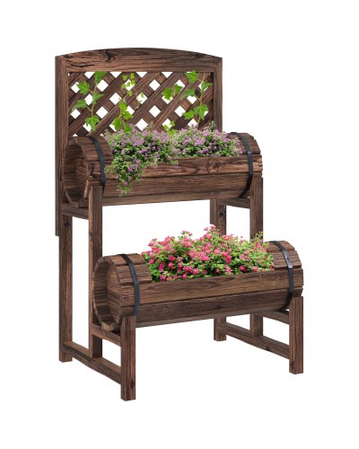 2-Tier Outdoor Wooden Planter with Drainage Holes and Trellis, Fir Wood, 42x49x80 cm, Brown