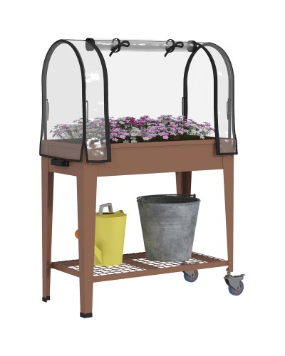 Raised Garden Bed with Mini Greenhouse, Wheels and Shelf, 80x40x120cm, Brown