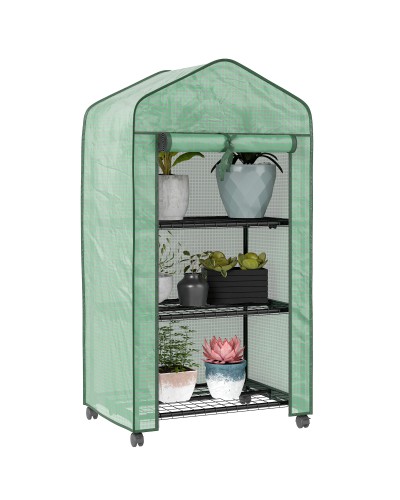 Mini Garden Greenhouse with PE Cover, 3 Shelves & Wheels, 69x49x130cm, Green