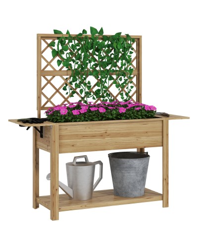 Wooden Planter with Trellis and Side & Bottom Shelves, Fir Wood, 140x45x151 cm
