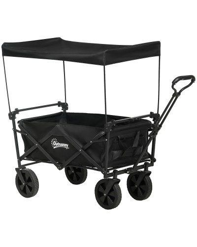  Carrello da Giardino 110L con Maniglia Telescopica e Tettuccio in Acciaio e Tessuto Oxford, Nero
