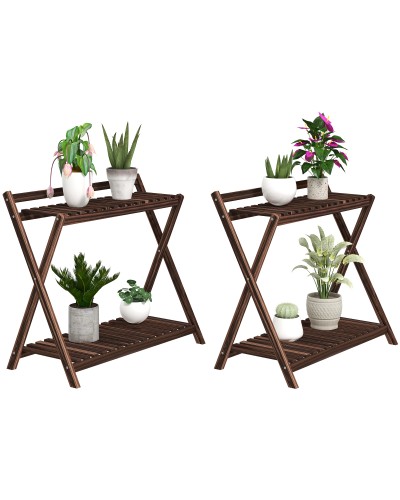  Set 2 Portapiante a 2 Livelli con Design a Doghe in Legno di Abete, 73x36x64 cm, Marrone Bruciato