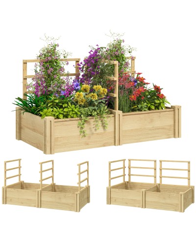 Raised Garden Bed with 3 Trellises and 2 Planters in Fir Wood with Open Bottom, 119x62.5x64 cm, Wood Color
