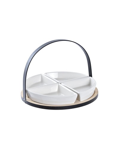 Set voor voorgerechtjes DKD Home Decor Wit/Zwart Metaal Bamboe Keramiek Loft 4 Onderdelen 21,5 x 21,5 x 14 cm