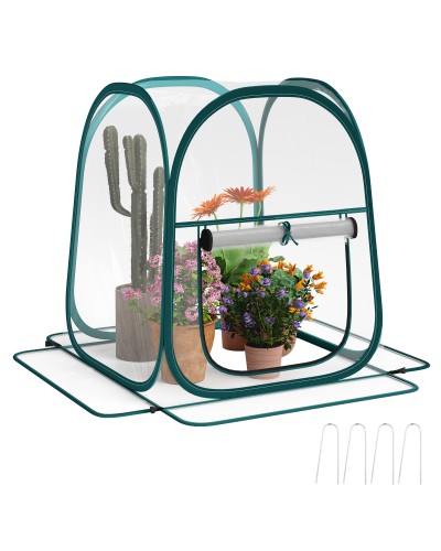 Pop-Up Mini Greenhouse with Plastic Cover, Roll-Up Window, and Bag, 70x70x80 cm, Transparent