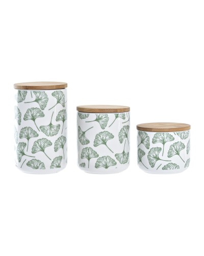 DKD Home Decor Set de 3 Botes de Gres Tropical, Blanco y Verde con Detalles de Bambú, 10x10x17 cm
