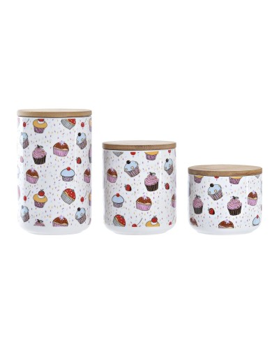 Set van 3 Potjes DKD Home Decor Natuurlijk Wit Multicolour Bamboe Keramiek 10 x 10 x 17 cm Cupcake