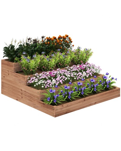 4-Tier Fir Wood Raised Garden Bed with Open Bottom, 113x113x46 cm, Brown