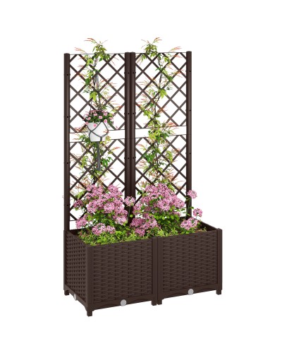  Fioriera Rialzata con Traliccio per Rampicanti e 8 Fori di Drenaggio in PP, 80x40x135 cm, Marrone
