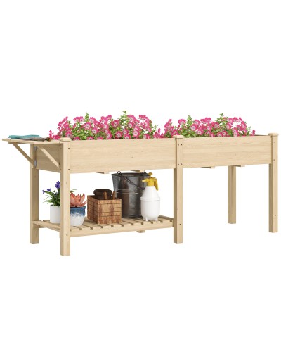Raised Garden Bed with Side Table and Bottom Shelf for Tools, Fir Wood, 207x59x78 cm